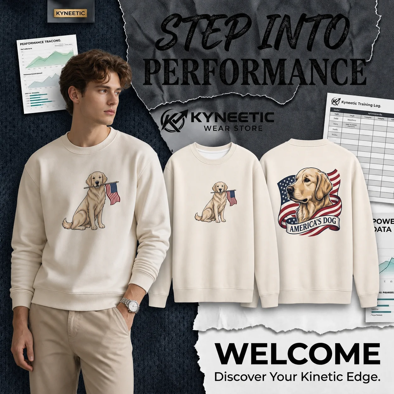 Cute Golden Retriever US Flag Parent-Child Long Sleeve Crewneck Sweatshirt Casual Independence Day 4th of July Tops Streetwear