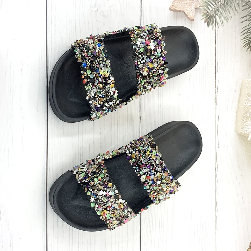 Women Summer Sandals Colorful Rhinestone Buckle  Beach Sandals Open Toe Flat Double Belt