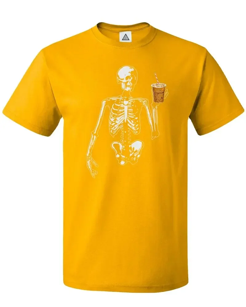 Unisex Halloween esqueleto T-Shirt, Ice Coffee Tee, Feliz