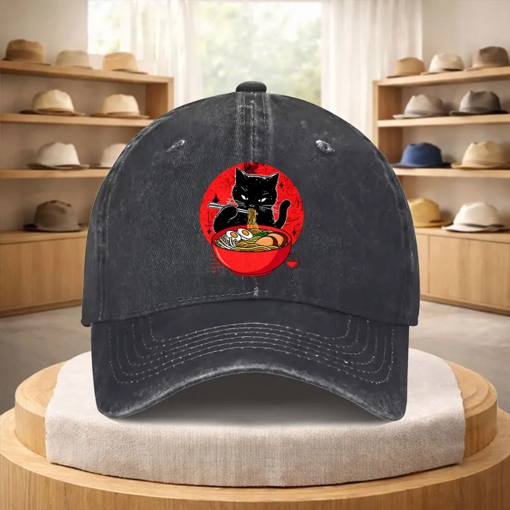 Black Cat Ramen Eating Graphic Washed Baseball Cap Adjustable Outdoor Sports Hat