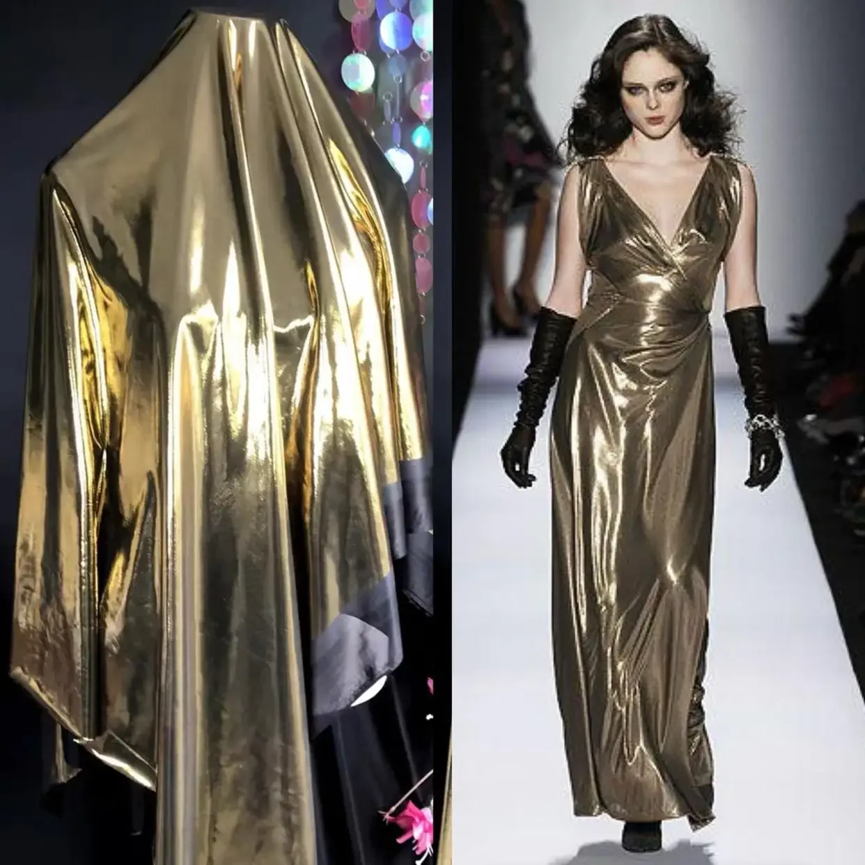 Gold Apricot Metallic Water Light Imitation Leather Fabric Soft Elastic Shiny Designer Dress Fabric For Fashion Projects