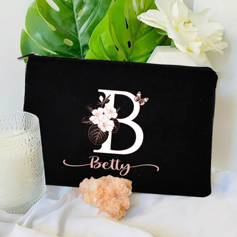 Vintage Letters Name Makeup Bag Floral Butterfly Cosmetic Storage Organizer Bridesmaid Gift Travel Toilet Canvas Ladies Side Bag