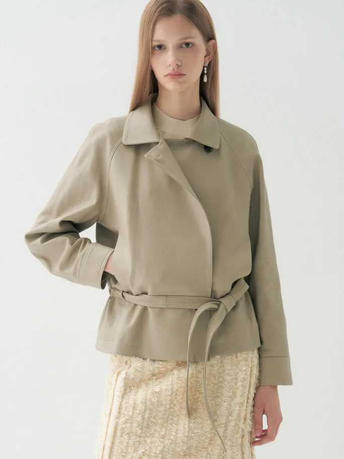 Elegant And Bold MICOAT 2026 Autumn Shoulder Insertion Belted Waist Leather Jacket Coat Long Sleeve Turn-down Collar Single B...