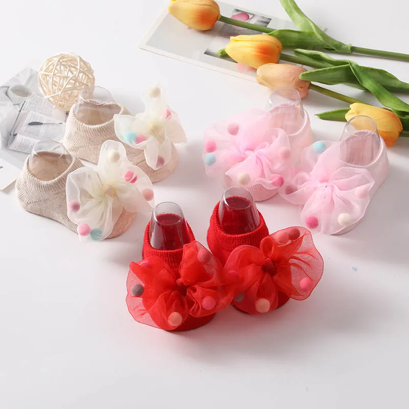 New 0-3 Years Lace Big Bow Baby Socks With Ball Toddler Girl Princess Cute Short SocksToddlers Infants Combed Cotton Ship Socks