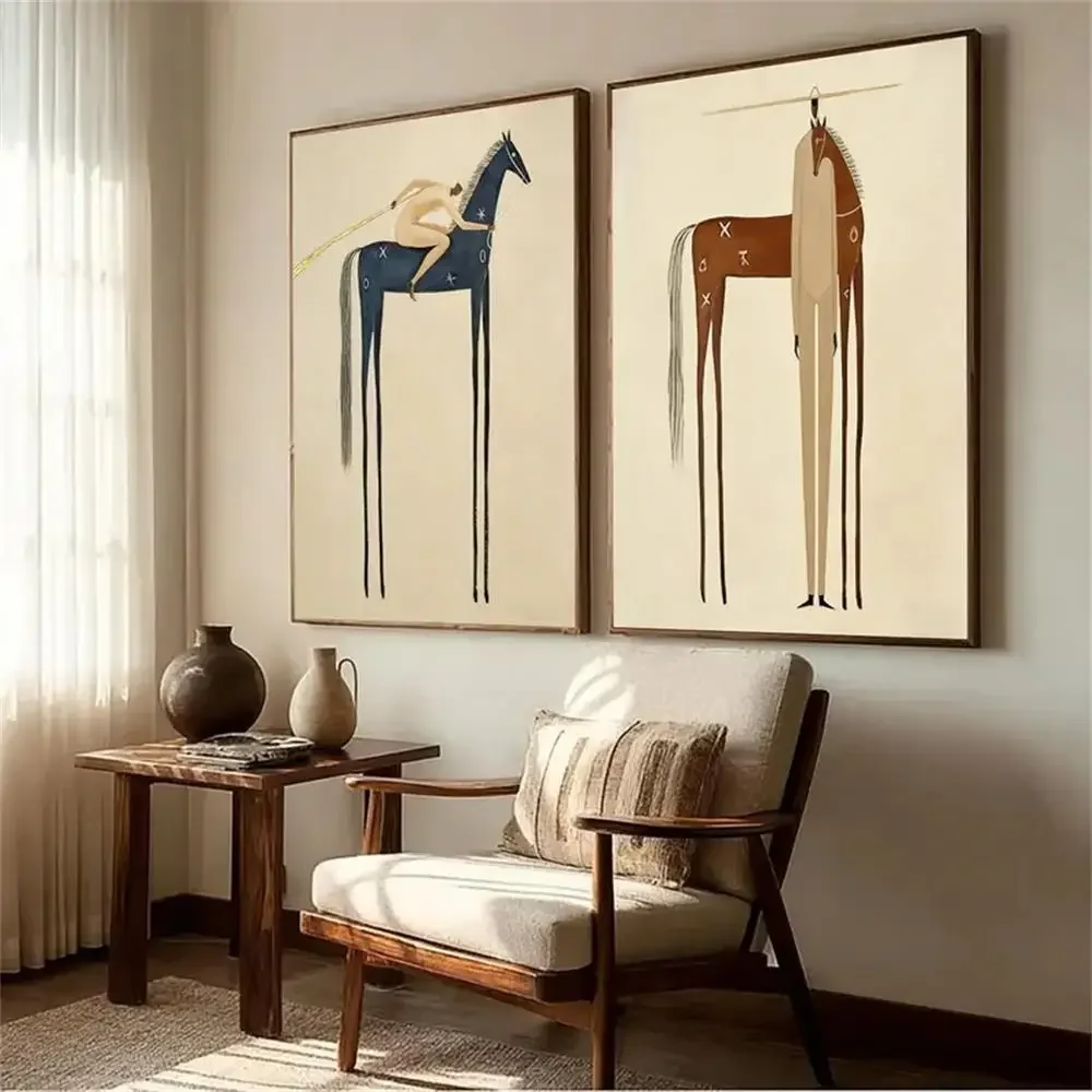 Abstract Surreal Tall Horse And Human Figure Canvas Painting Minimalist Wall Art Modern Poster Print For Living Room Home Dec