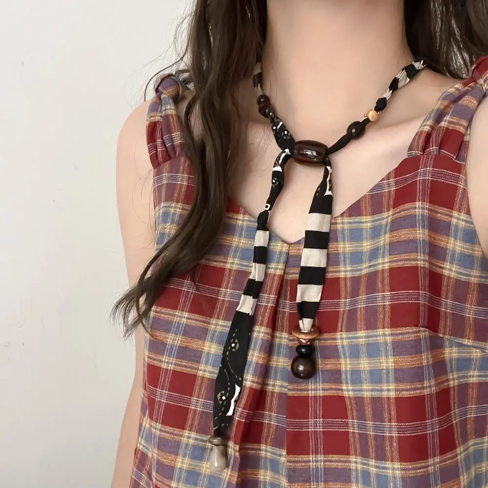 

Strip Cloth Chain Necklace Multicolor Clavicle Chain Wood Bead Necklace Ethnic Style Jewelry Accessories Bohemian Choker Gift