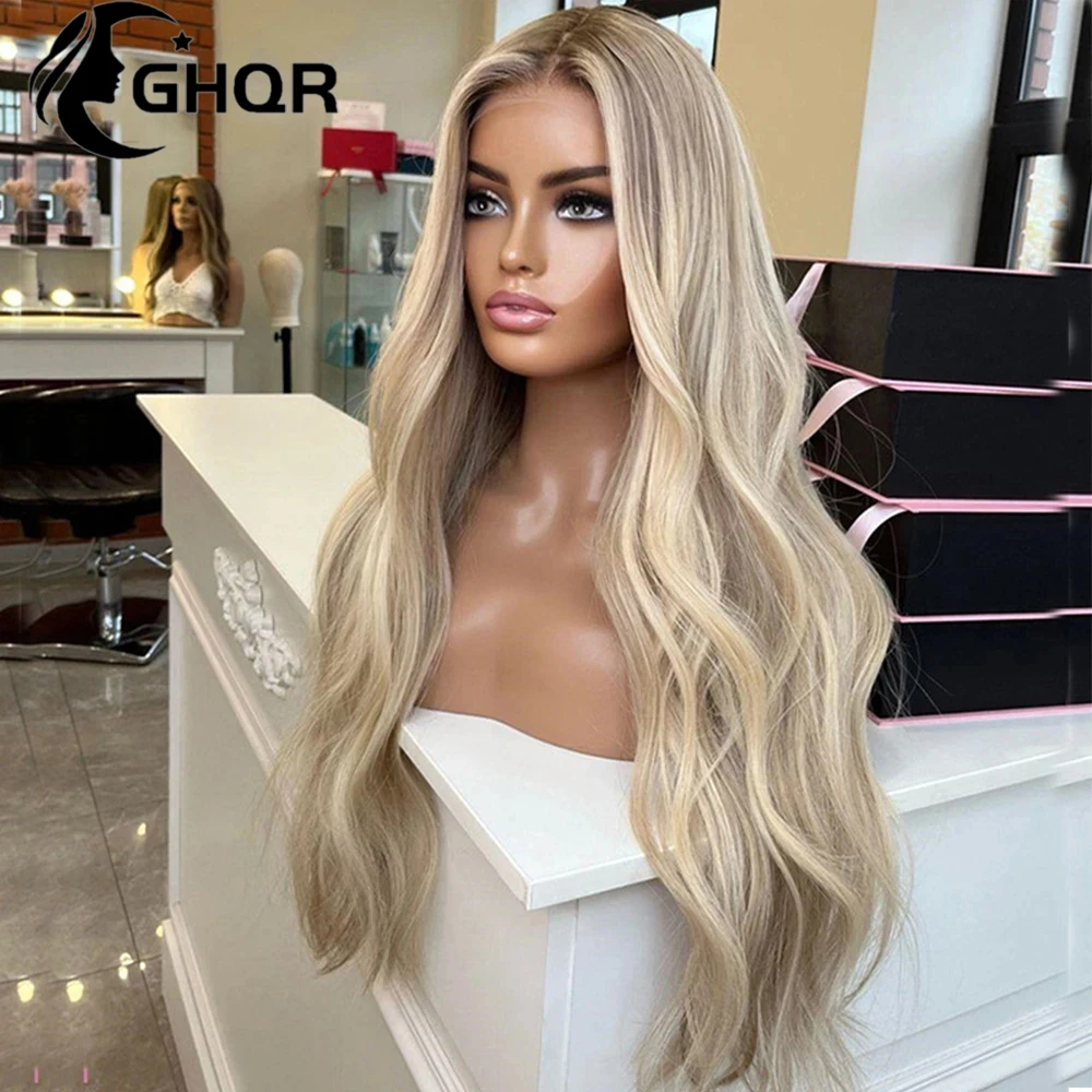 Highlights Blonde Human Hair Wigs Brown Roots Colored 360 Lace Frontal Wig Natural Wavy Transparent Lace preplucked human wig