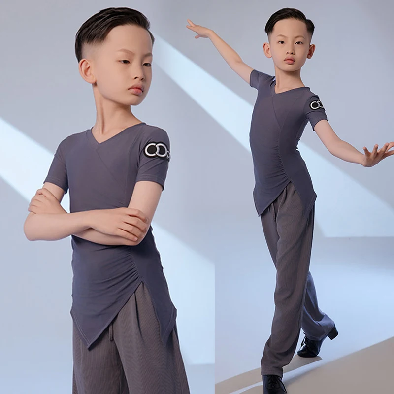 Boys Latin Dance Competition Suit Samba Rumba Dancing Performance Costume V-Neck Top Pants Kid Latin Training Suit Summer AMY349