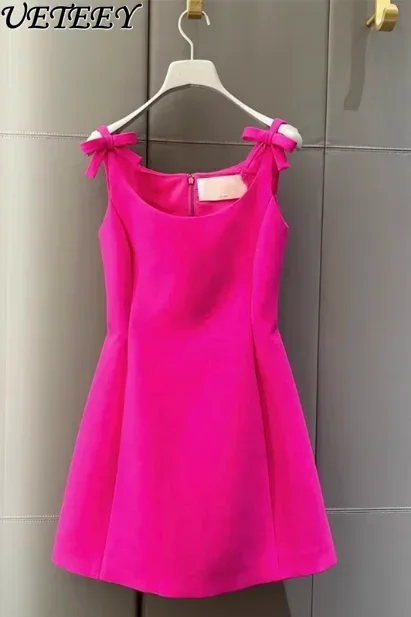 

Temperament Sweet Rose Red Suspender Dress Women 2025 New Summer High Sense French Simple Slim Waist Thin Mini Dress Vestidos