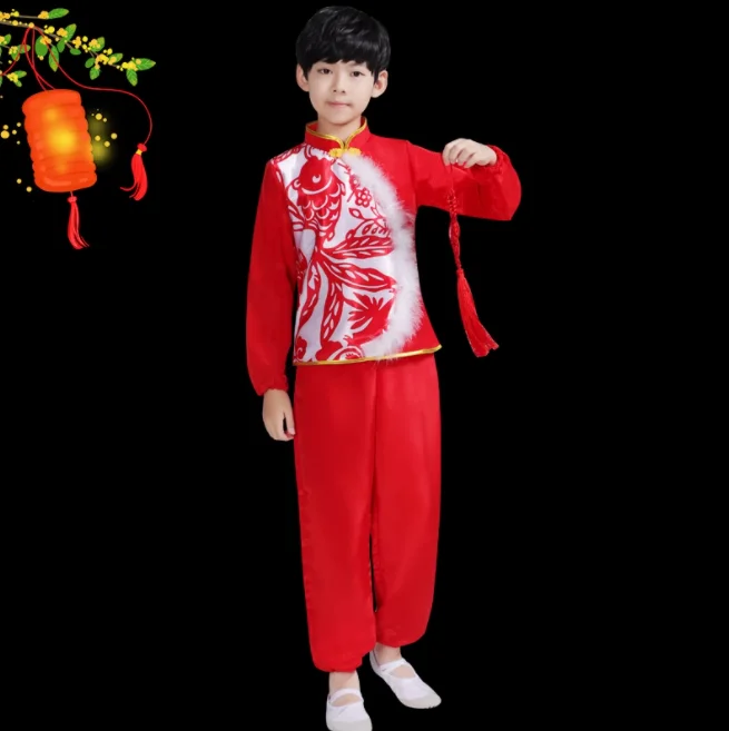 Costume Yangko rosso per costumi di scena classici per bambini Ombrello Fan Abbigliamento da ballo Abbigliamento da ballo nazionale Hanfu Yangko