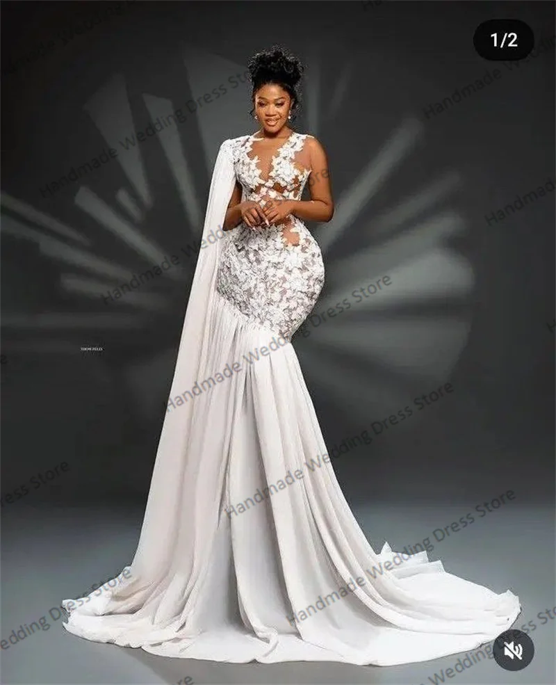 

White Lace Wedding Dress Wrap Cape Sexy Sheer Neck Sleeveless Ruffles Mermaid Bridal Gown Customized Beach Garden Long Robe