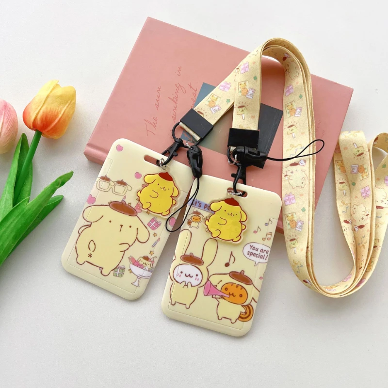 Sanrio Series Pom Pom Purin Badge Long Rope Card Holder Student Protection Card Access Control Bus Card Holder Cartoon ID Holder