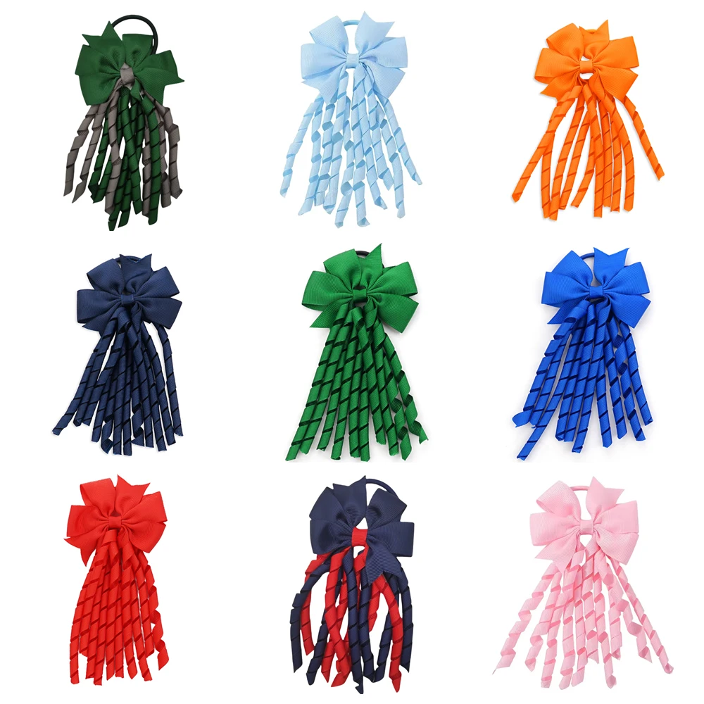

Girls Cheerleading Bowknot Hair Band Rubbe Kids Curly Korker Ribbon 3*6.5 inch Bow Ties Ponytail Holder Back to School 10PCS