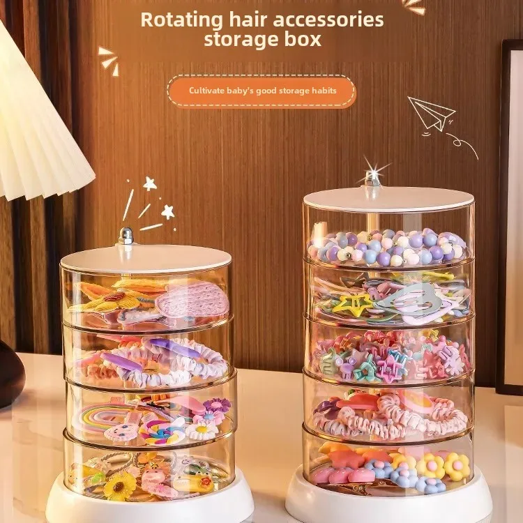 Multi-Layer Rotating Jewelry Storage Box Transparent Anti-Oxidation Women's Princess Comb Cosmetic Tabletop Rope Hair Clip Hair 