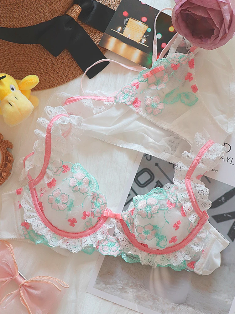 Summer girls underwear Japanese flowers embroidery sweet sexy small breasts bra set women large size lingerie briefs