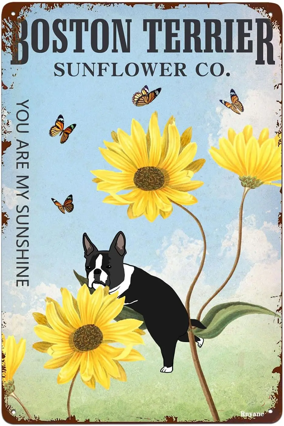 Boston Terrier Sunflower Tin Sign Dog Metal Tin Sign Vintage Home Kitchen Garage Bar Cave Wall Nostalgic Decor Rustic Tin Sign