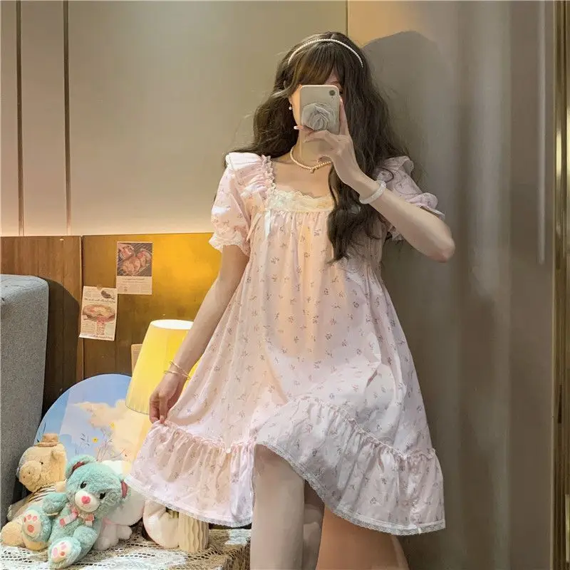 

Fashion Sweet Cute Floral Bow Lace Pajama Skirts Women's Summer Thin Short Sleeve Midi Length Nightdress Casual Baggy Loungewear