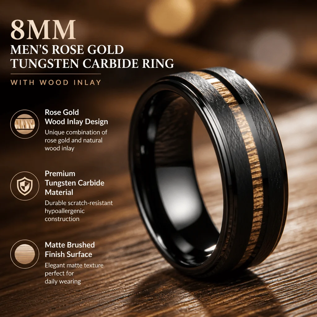 Tungsten Ring Men Wedding Band Rose Gold Wood Inlay Engagement Ring Tungsten Carbide Matte Brushed Finish Men's Jewelry Wedding