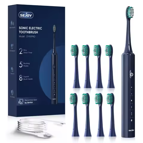 SEJOY Sonic Electric Toothbrush Teeth Whitening Vibration 5 Modes 8 Replacement Brush Heads USB Rechargeable