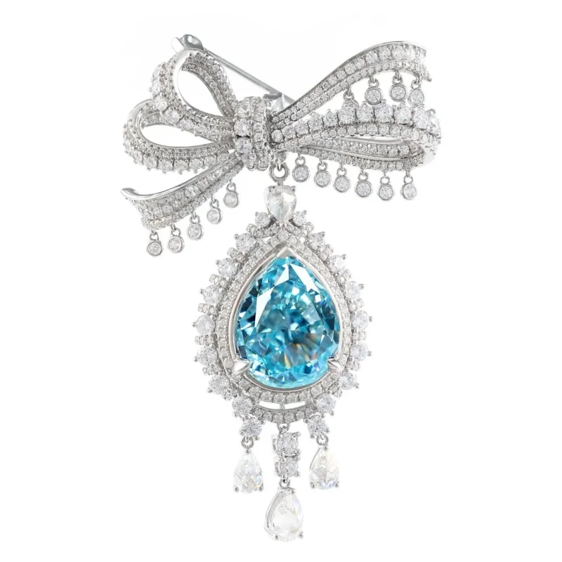 

Bellux 925 Silver Synthetic Zircon Brooch Original Design Santa Maria Sapphire Water Drop Bowknot Brooches
