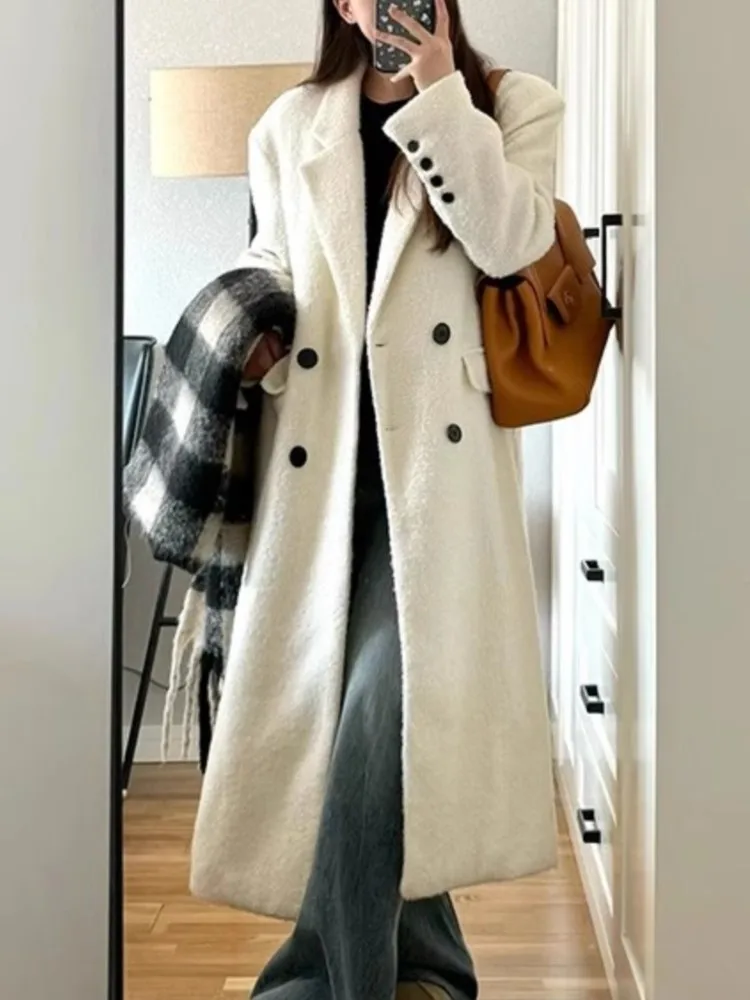 

Winter Women's Long Woolen Coat Casual Loose Elegant Chic Fashion Outerwear Overcoat Double Breasted Vintage Warm Coat Cloak