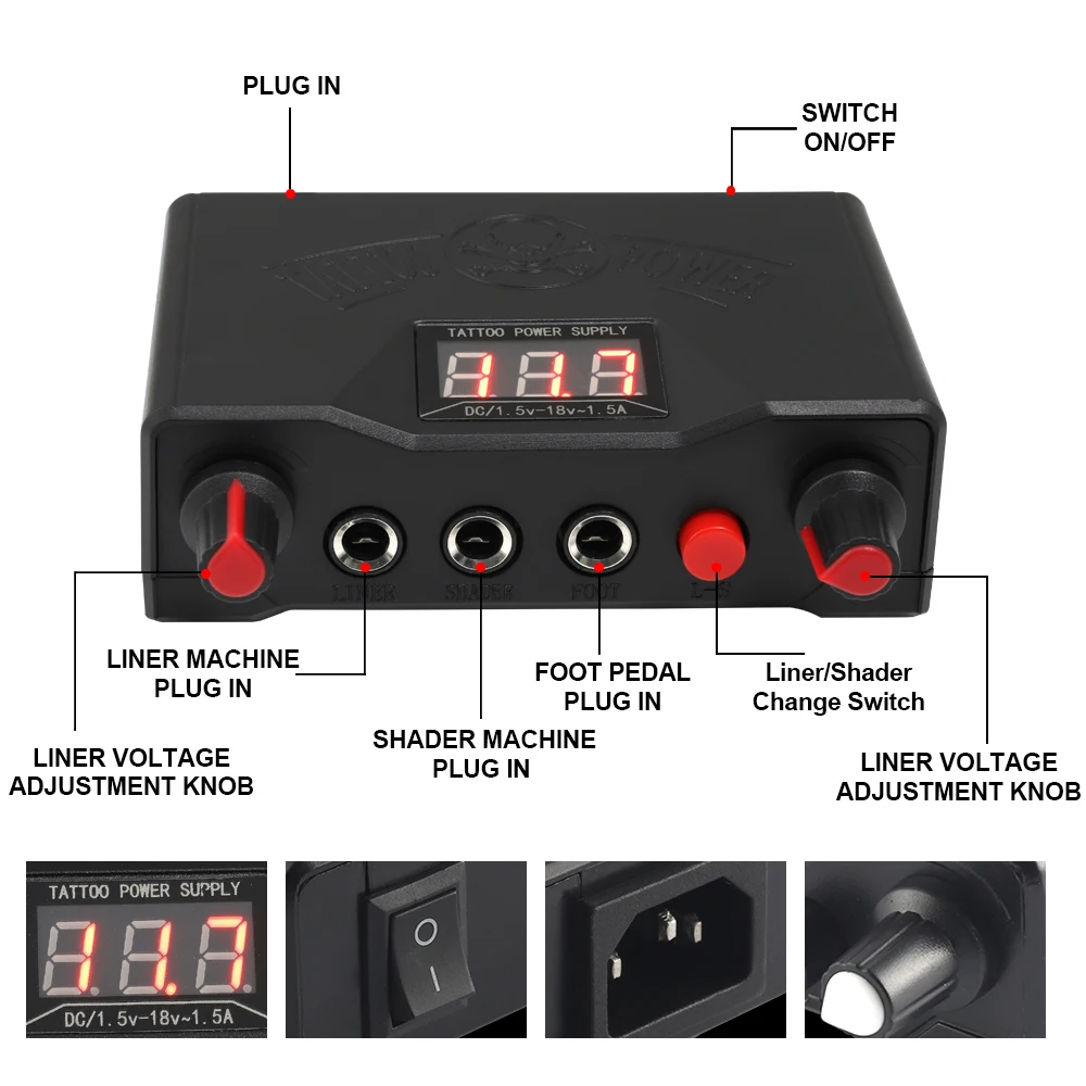 Black Tattoo Power Supply Double Dual LED 3 Digital Display Tattoo Machine Power Supply for Liner Shader Rotary Tattoo Machine