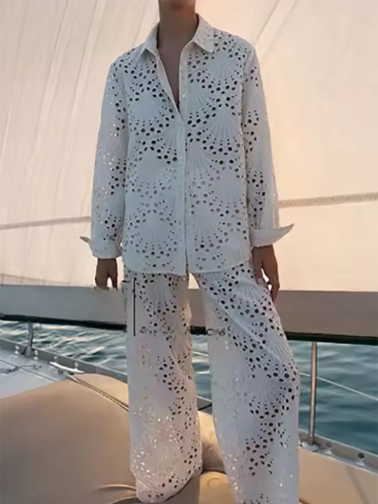 

Casual Solid Straight Outfits 2025 Spring Summer Hollow Vacation Two Piece Women's Lapel Long Sleeve Shirt and Pants Beach Suit
