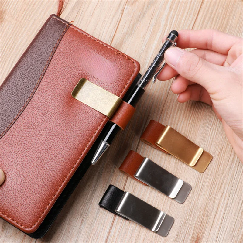 Metal Leather Pen Holder Vintage Brass Stainless Steel Pencil Clip for Notebook Journal Planner Spiral Loose Leaf Memo Clip