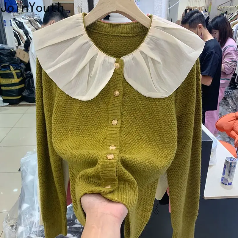 2023 Women Cardigan Jackets Sueter Mujer Sweet Peter Pan Collar Loose Pull Femme Fashion Korean Fall Winter Knit Sweater Tops