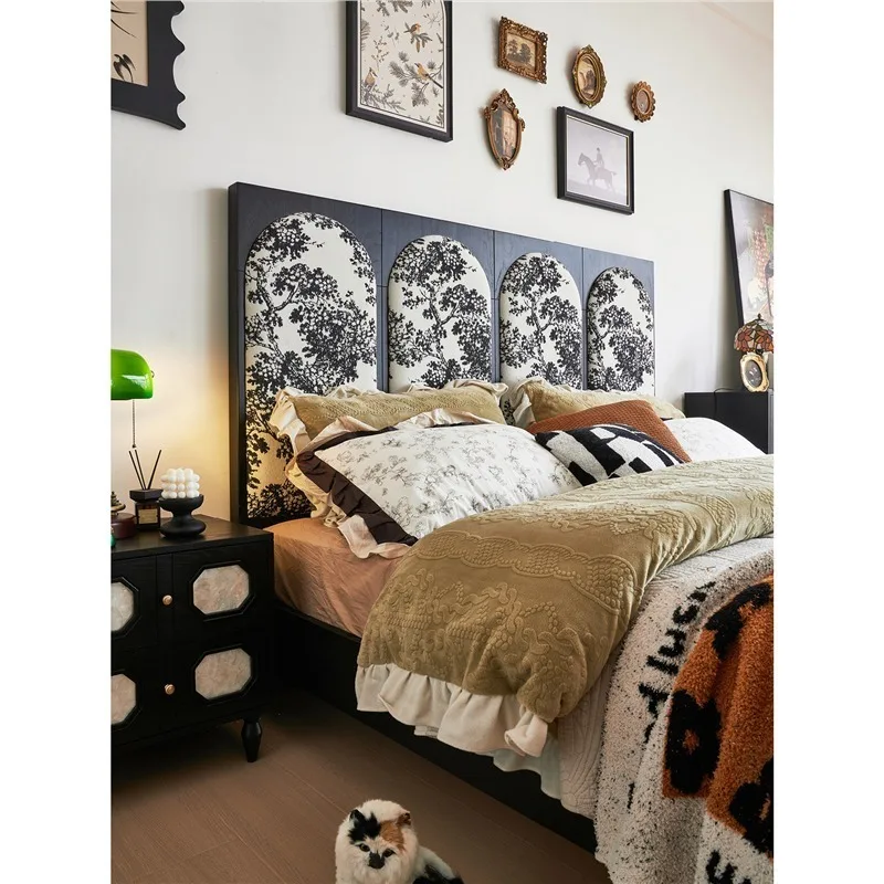 Mid-Century Style Solid Wood Bed Frame American Retro High-End Double Bed Dormitory Bedroom Furniture Songkaum Colchon FYBB