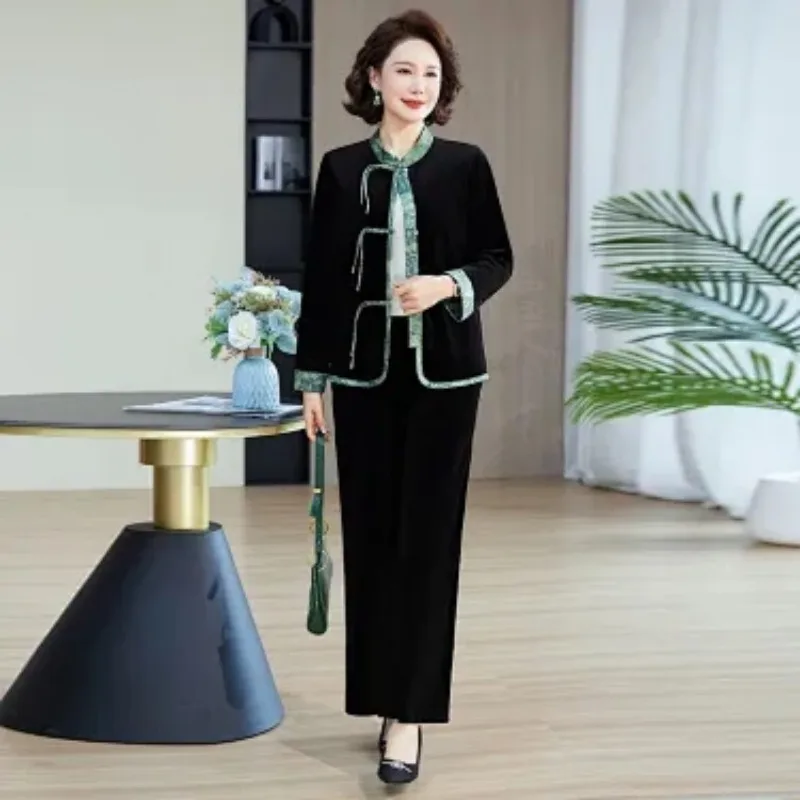 Womens Chinese Style Velvet Two Piece Set Spring Autumn Traditional Frog Button Top Wide Leg Pants Outfit