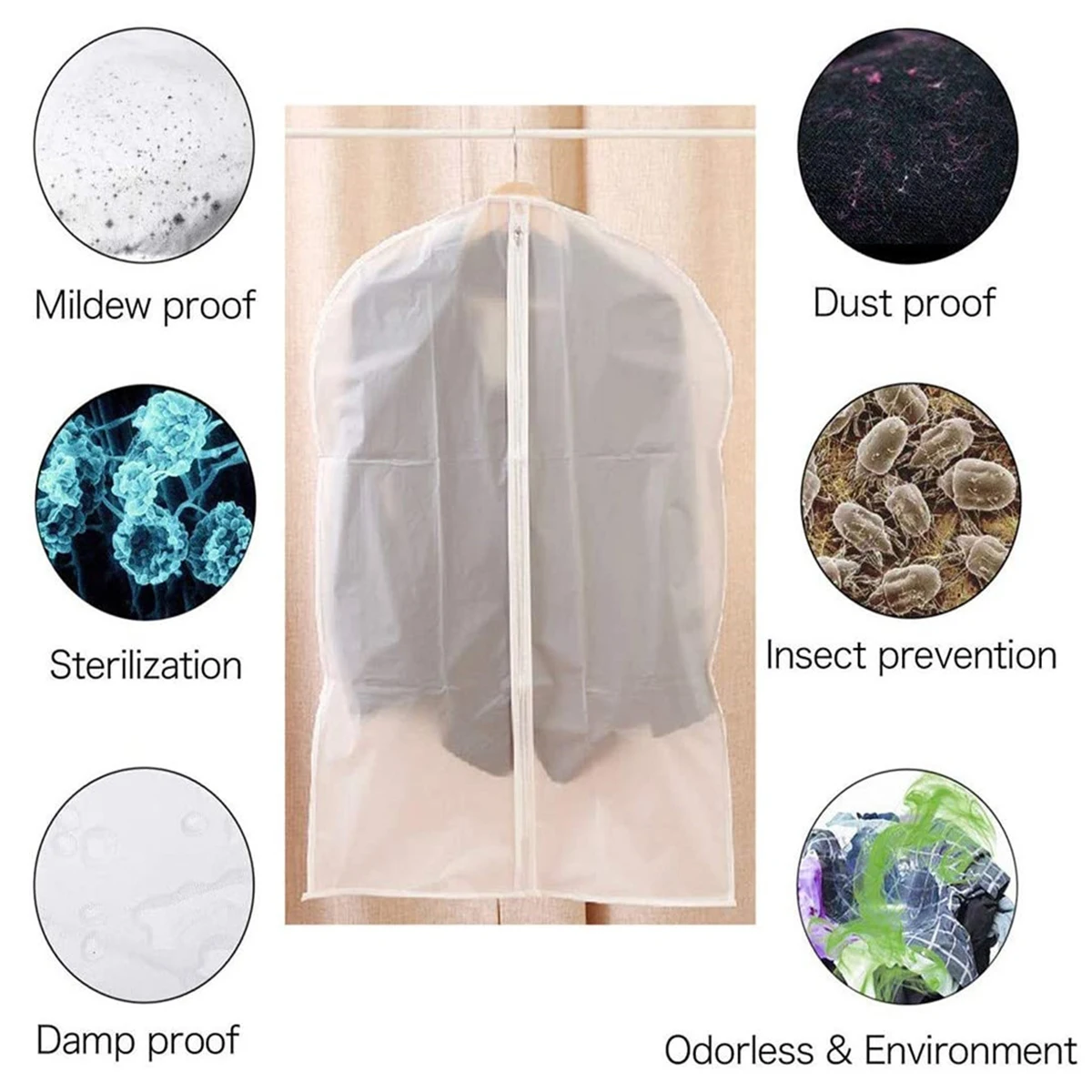 5Pcs Dustproof Garment Covers Bags with Zip Washable Waterproof Clothes Cover Clear Garment Bag Reusable Clothes Storage Bag