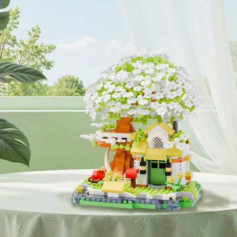600+ Teile Vierfarbiger Kirschblüten-Baumhaus-Baustein-Bausatz, Schlafzimmer- und Arbeitszimmer-Montage-Display, Weihnachtsgeschenk (ohne Box) – Detail 3