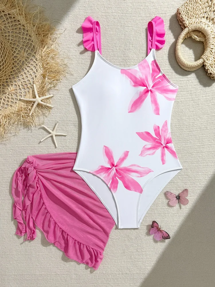 One Piece Girls Kids Swimsuit 2026 New Pink Flower Ruffle Sling Children Swimwear Summer Mesh Skirt Beach Bathing Suits Swimming