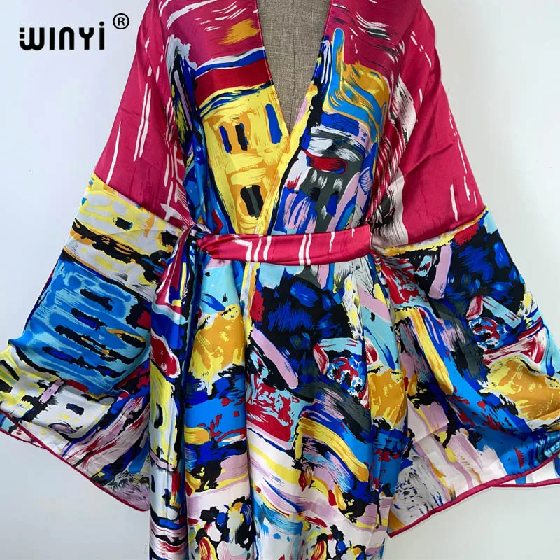 Winyi Bikini Cover-Ups Fashion Printing Zelf Belted Vrouwen Zomer Kleding Kimono Vakantie Jurk Strand Wear Swim Suit Cover up