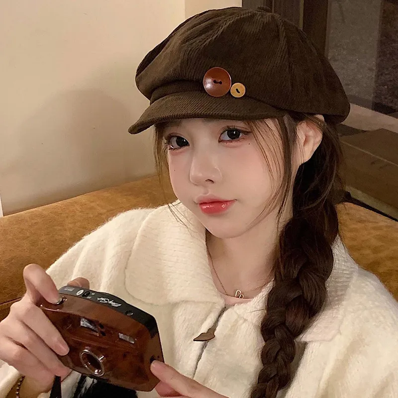 Retro Kapelusz Ośmiokątny z Sztruksu dla Kobiet, Kapelusz Malarski Artystyczny, Japońskie Dziewczyny, Brązowe Czapki z Daszkiem, Jesienno-Zimowe Berety