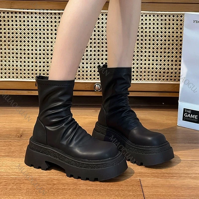 Women Elasticity Short Booties Fashion Thick Platform Comfort Shoes High Heel Back Zippers Ankle Ladies Footwears Botas Zapatos