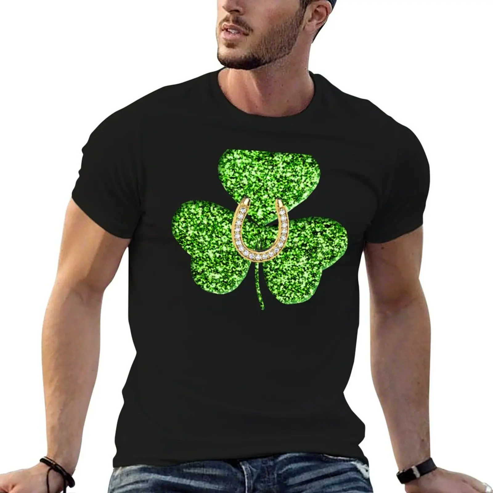 Faux Green Glitter Shamrock With A Horseshoe T-Shirt funny meme t-shirts rapper graphic tees t shirt men