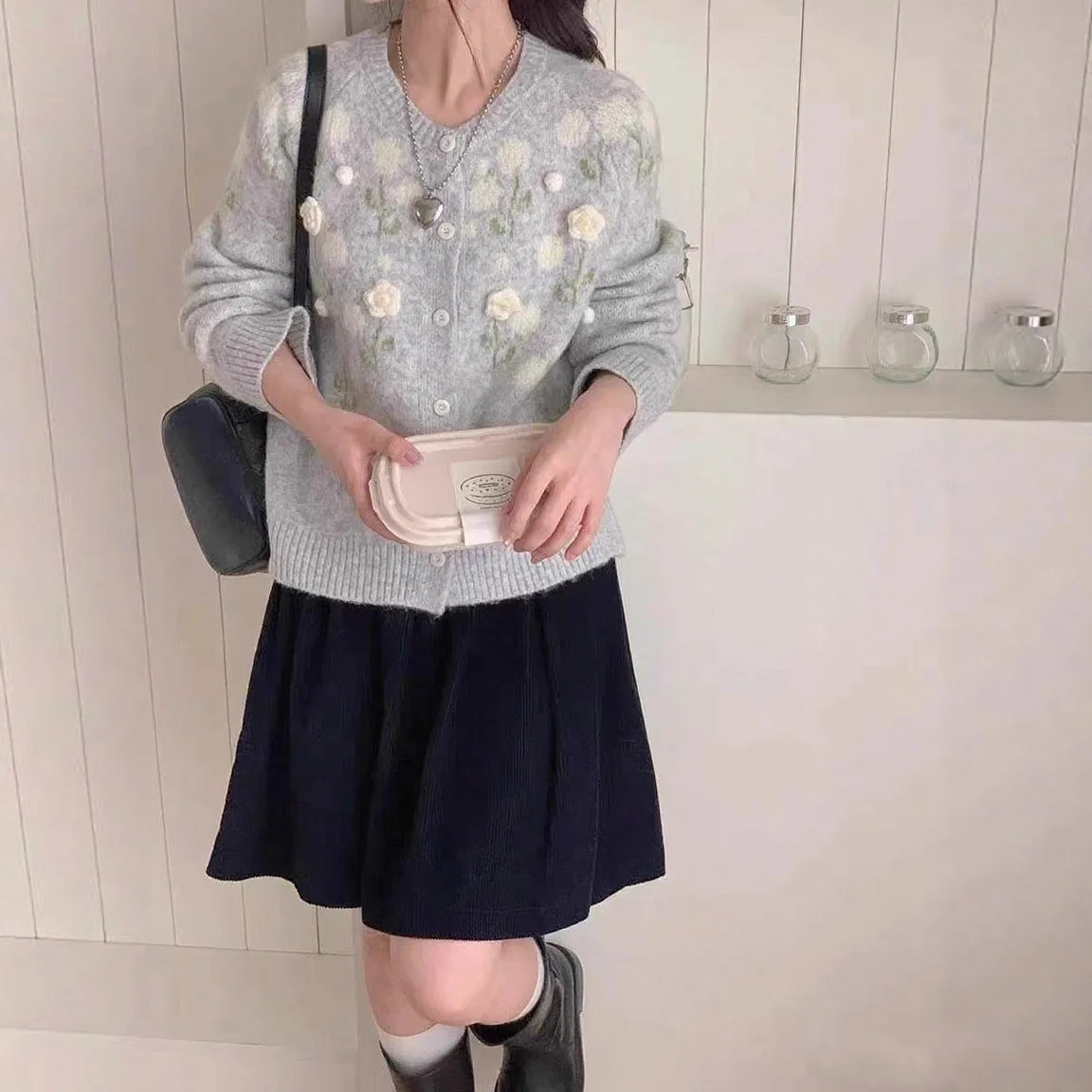 

Women Knitted Cardigan Sweater 3D Floral Jumper Long Sleeve Round Neck Single Breasted Loose Fit Office Lady Casual 2025 Autumn
