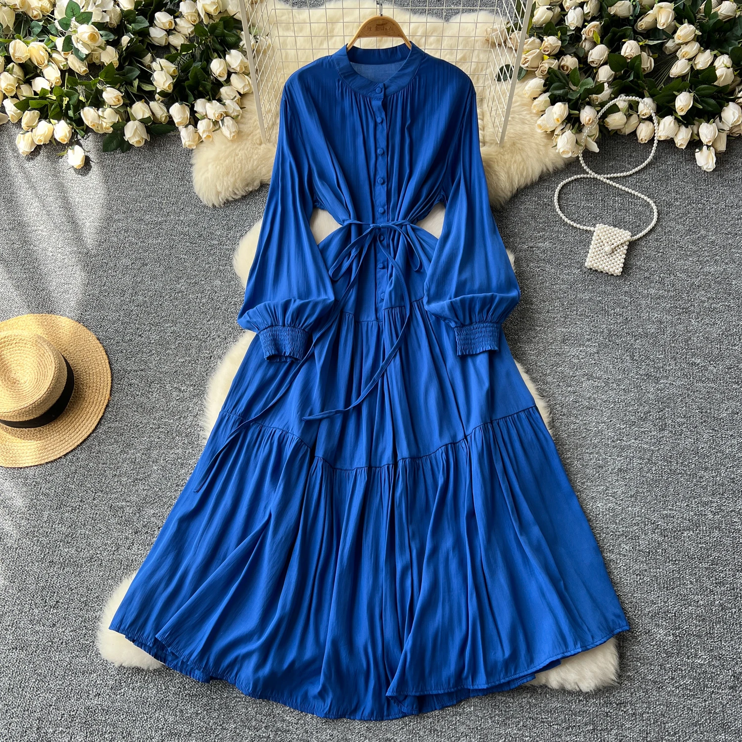 Retro Single Breasted loose Elegant Dress A-line o Neck lool sleeve Beach Vacation Dress Women Korean Fashion Summer Vestidos