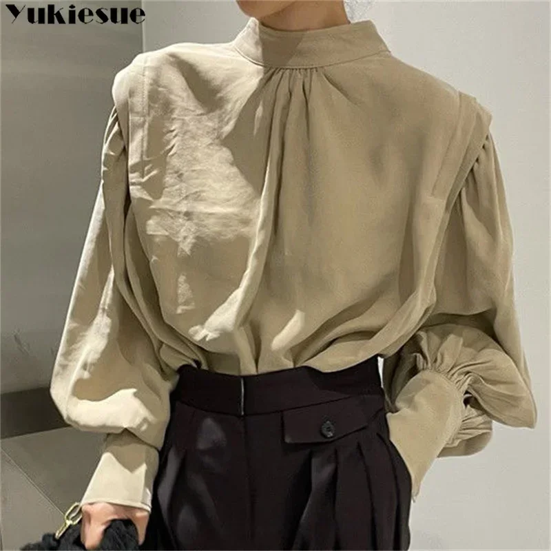 2023 Autumn Vintage New Style Women\'s Elegant Blouse Fashion Round Collar Lantern Sleeve Button Female Korean Edition Shirt