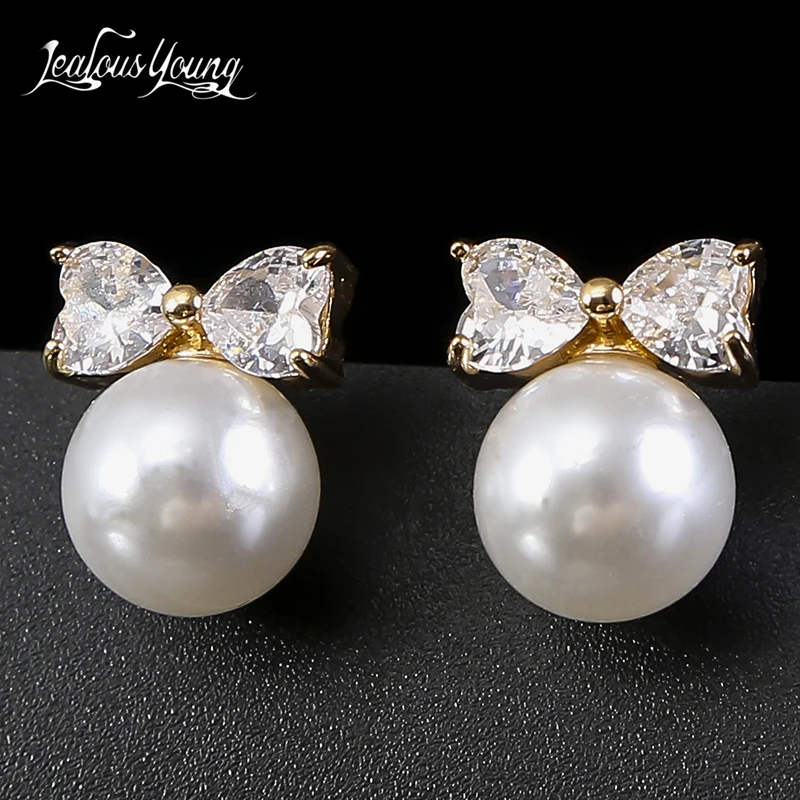 Temperament Zirconia Pearl Bowknot Stud Earrings with Gold Color Heart Earings Luxury Wedding Pearl Jewelry Accessories 2022 New