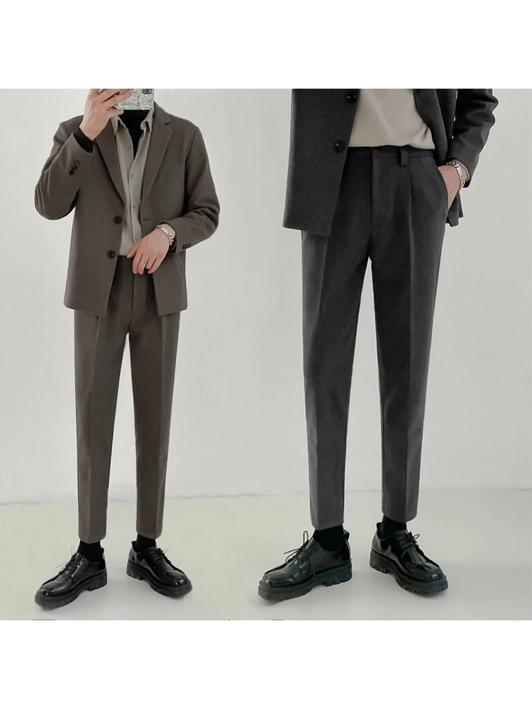 

Утепленные мужские брюки прямого кроя для осени и зимы, корейский стиль, повседневные шерстяные брюки, молодежная модная деловая одежда