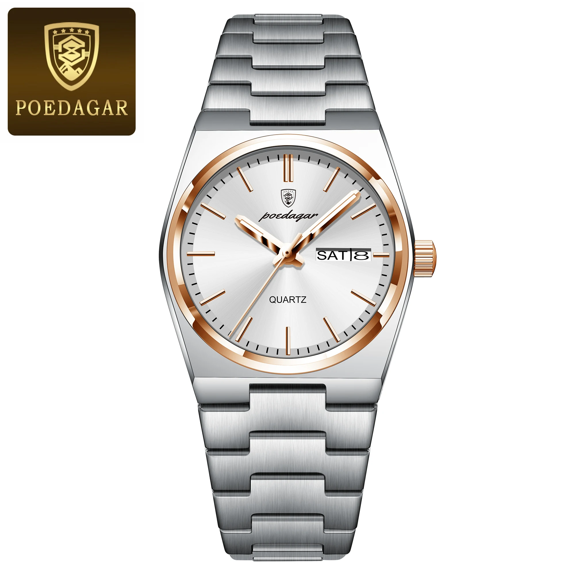 POEDAGAR Elegante Uhren Für Frauen Wasserdicht Leucht Datum Woche Damen Uhr Quarz Edelstahl Frau Mode Armbanduhr