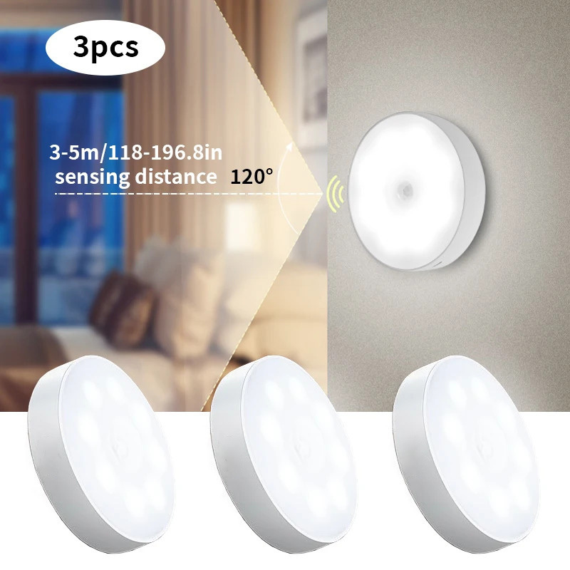  3PCS LED Motion Sensor Light Night Light USB Rechargeable Night Lamp for Kitchen Cabinet Wardrobe Lamp Staircase Closet Light 