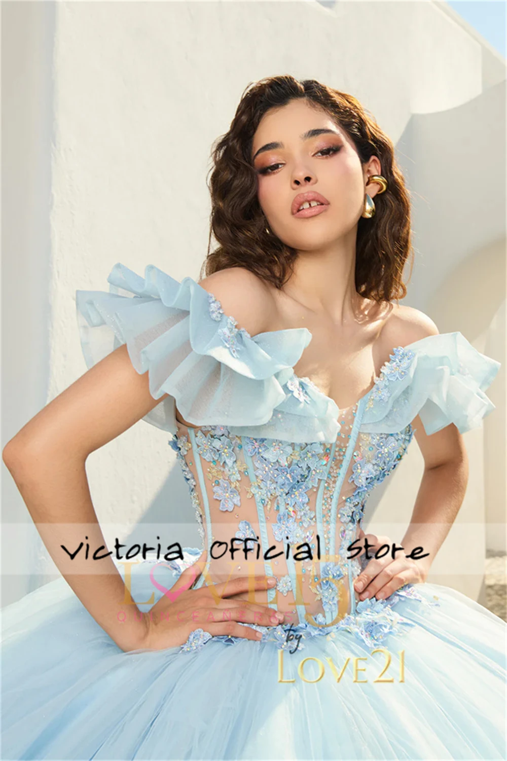 Robe de Quinceanera en dentelle perlée personnalisée, appliques de tulle, robe de Rhà lacets froncée, bleu bébé, 15 robes bouffantes