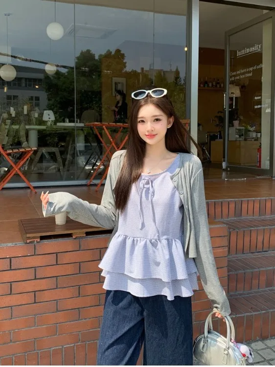 

plus Size Knitted Cardigan Women's Summer Sun Protection Layering Knot Belted Plaid Vest Top Korean Style Loose Fit