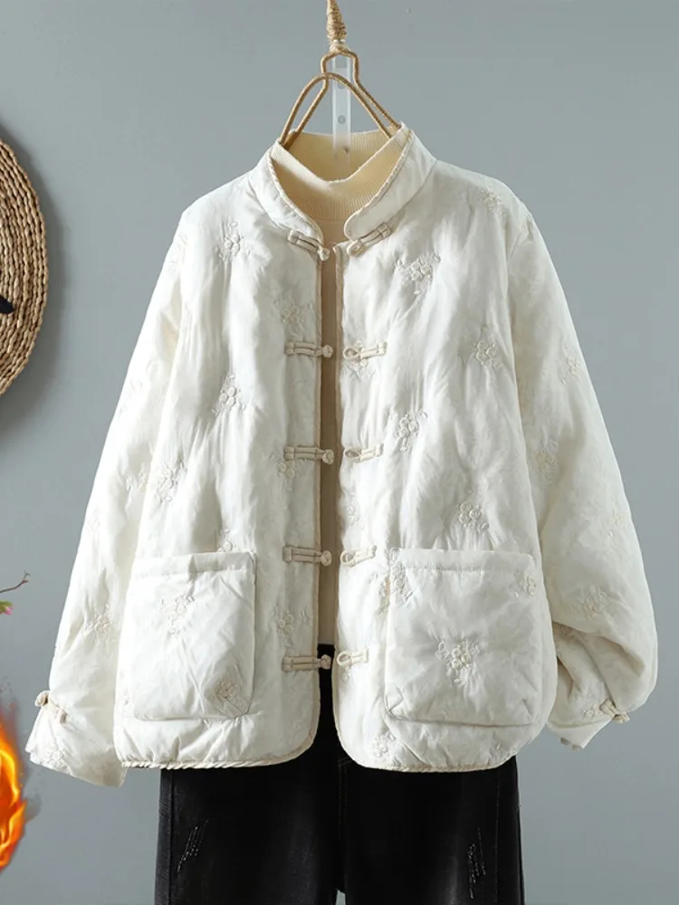 

Женская зимняя теплая куртка из хлопка с китайской вышивкой, воротником-стойкой и пуговицами, традиционная модная верхняя одежда