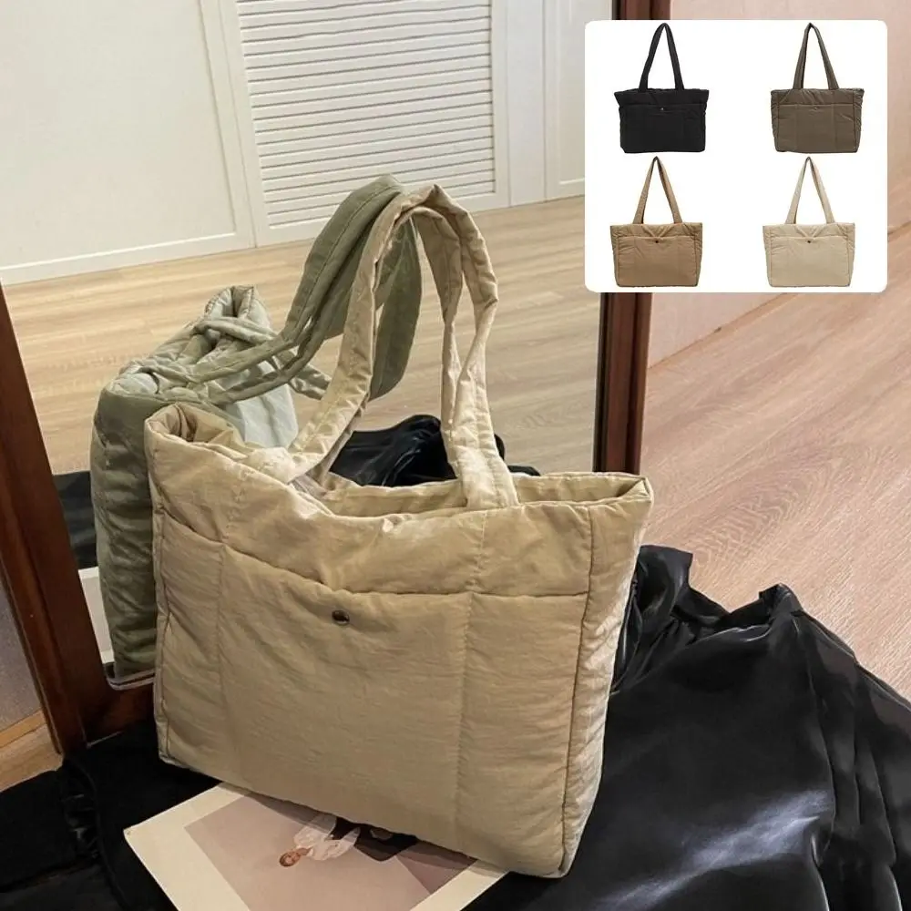 

Solid Color Lady Laptop Handbags Fashion Soft Cotton Puffer Shoulder Bag Top Handle Large Capacity Women Cloud Tote Bag Female