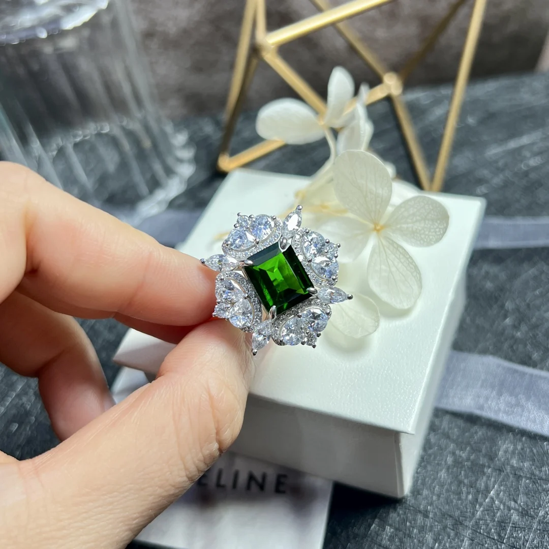 Luxury Big 4.5ct Green Natural Diopside Stone Ring Female 925 Sterling Silver Engagement Ring Party Wedding Rings For Women